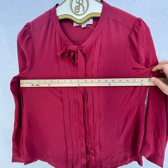 LOFT Blouse Women Medium Petite Red Tie Front Pleated Business Work School - Picture 4 of 8